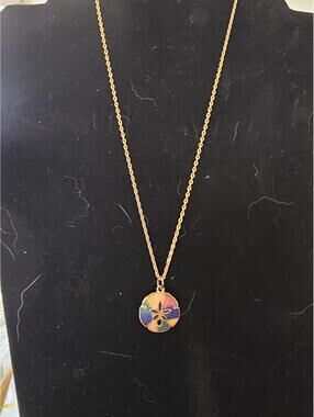 Vintage Gold Tone Sand Dollar Necklace Rainbow Enamel Coastal Beach Jewelry